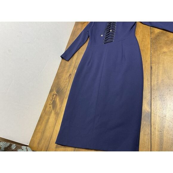 ESCADA Size 36 Deep Sea Navy Three Quarter Sleeve Sheath Lace Up Dress - Picture 13 of 14